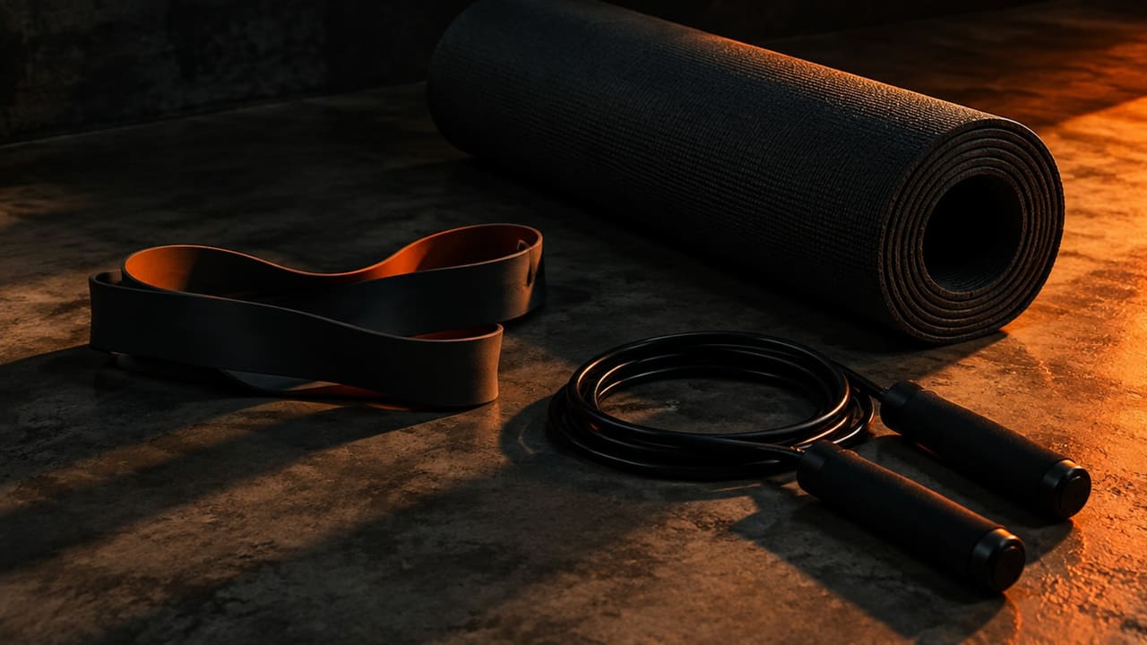 A rolled loop band, a jump rope and a folded training mat on a warm concrete floor