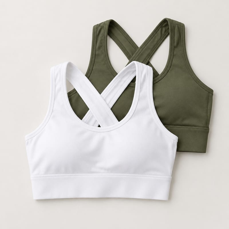 Two folded medium-support racerback bras, one white and one olive, on a pale background