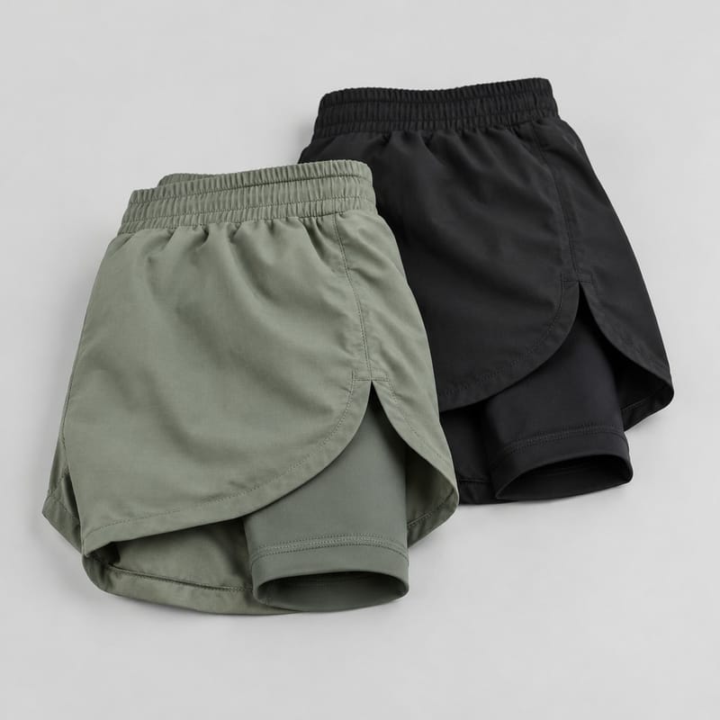 Two folded training shorts with a woven outer and a visible compression liner