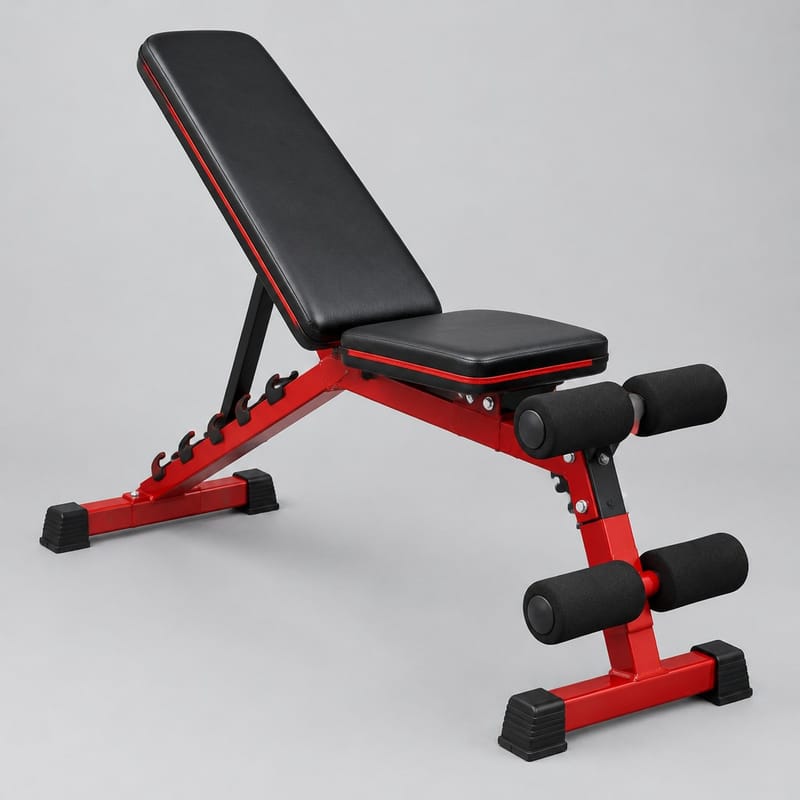 A black steel A-frame chin-up tower with a padded top bar, red foam grips and lower dip bars